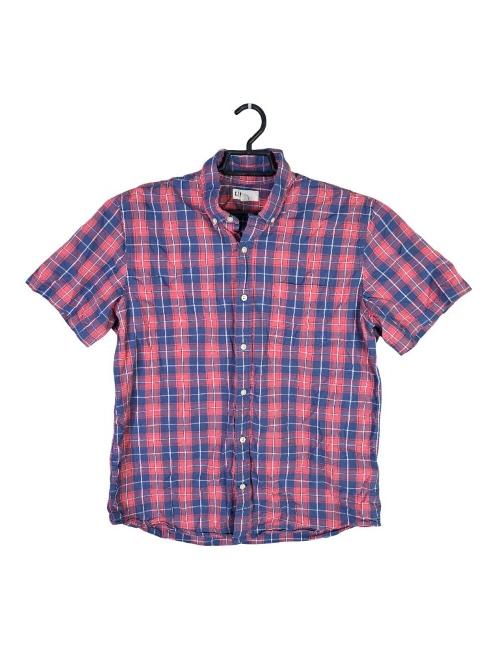 Mens Gap Pink Blue Plaid Button Up Shirt Short Sleeve 100% Cotton Size L